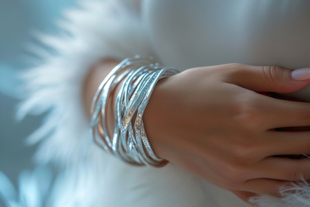 Close-up of a hand adorned with sparkling silver banglesの素材