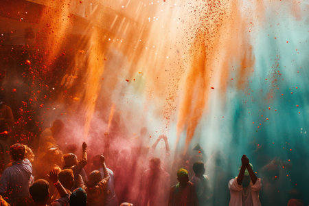 Crowd reveling in the Holi festival with vivid colored powders in the airの素材
