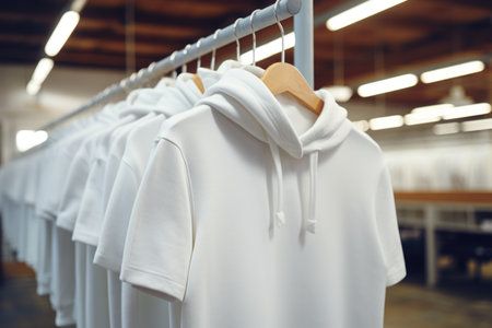 An assortment of white hooded sweatshirts neatly hung on a rack in a bright interiorの素材