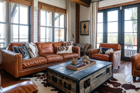 A cozy living room with tan leather sofas, rustic elements, and natural lightの素材