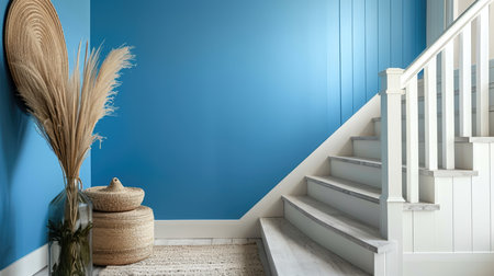 A chic staircase beside a bold blue wall with decorative grassの素材