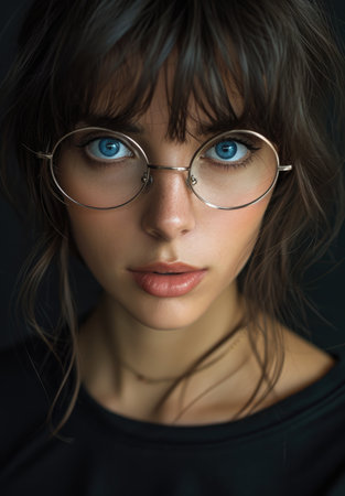Close-up of a young woman with striking blue eyes and round glassesの素材