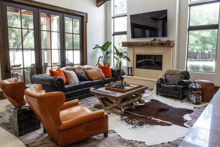 A stylish living room featuring a leather sofa, rustic accents, and a warm fireplaceの素材