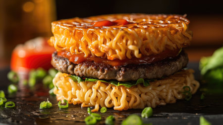 Innovative ramen burger with savory fillings on a dark slateの素材