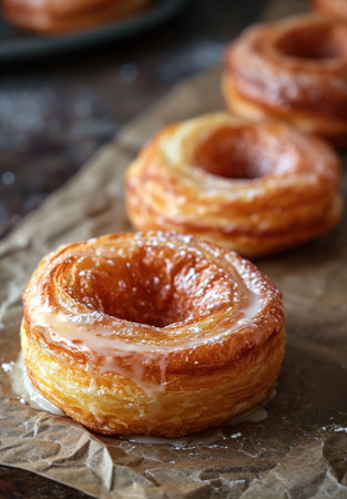 A delicious cronut with glaze topping, placed on rustic wooden backgroundの素材