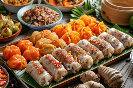 A delectable array of traditional dim sum in vibrant colorsの素材