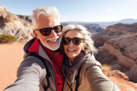 Happy senior couple capturing a selfie with the Grand Canyon backdropの素材