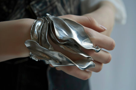 A shiny, sculptural silver bracelet wraps elegantly around a woman's wristの素材
