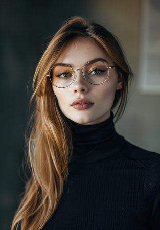 Fashionable female with striking eyewear posing in a black turtleneckの素材