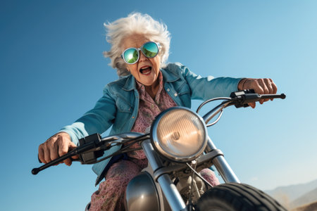 An excited elderly woman enjoys a bike ride under a clear skyの素材