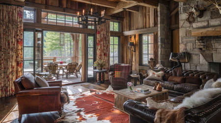 Rustic elegance defines this cabin living room with a stone fireplace and forest viewの素材