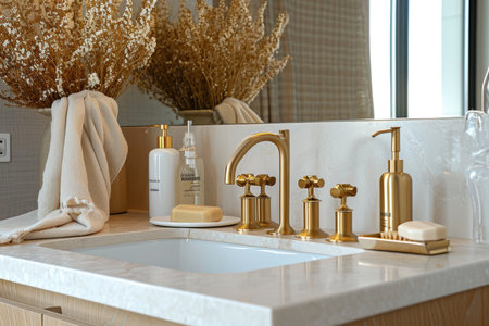 Contemporary bathroom vanity with golden fixtures and neutral tonesの素材