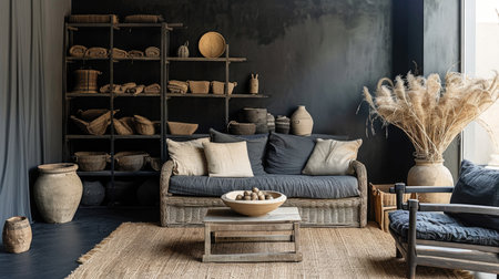 Inviting living space with wicker furniture and rustic basket decorの素材