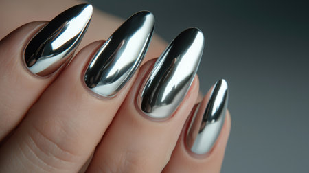 Close-up of silver mirror manicure against a dark backdropの素材