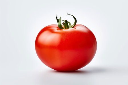A single, ripe red tomato with a vibrant green stem, set against a pure white backgroundの素材
