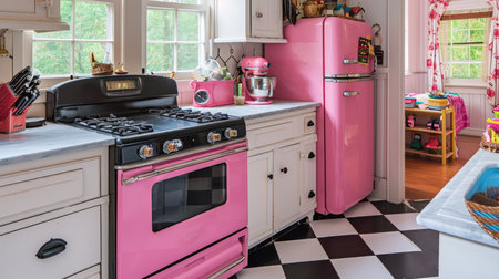 Vibrant pink vintage-inspired kitchen with contrasting black and white checkered floorの素材