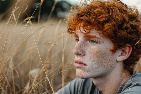 Red-haired teenage boy with freckles looking pensively in a natural settingの素材
