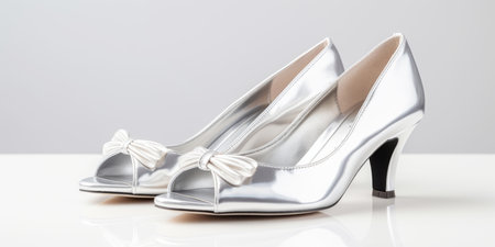 Silver high-heeled shoes with decorative bows on reflective surfaceの素材