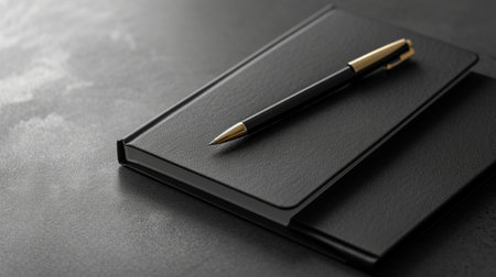Modern notebook and pen on desk, black and cream tones, minimal, simpleの素材