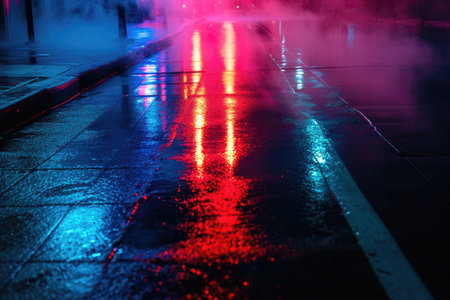 Vibrant neon lights reflect on the wet pavement after rain at nightの素材