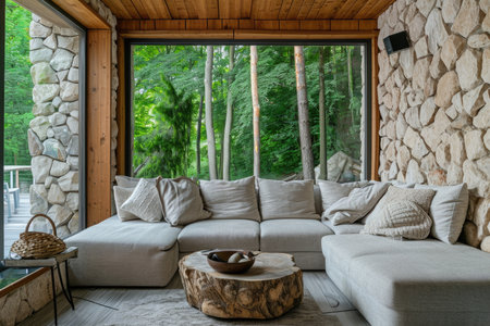 A serene cabin living room with plush sofas and large window views of the forestの素材