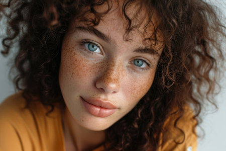 Close-up of a young woman with curly hair and freckles, gazing calmlyの素材