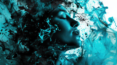 Surreal portrait of a woman merged with splashing blue liquidの素材