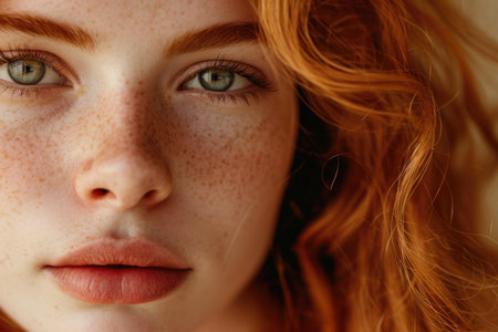 Close-up of a redhead woman with green eyes and freckled skinの素材