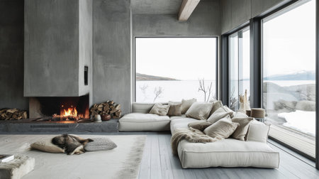 A minimalist living space with a sleek concrete fireplace and comfortable daybedの素材