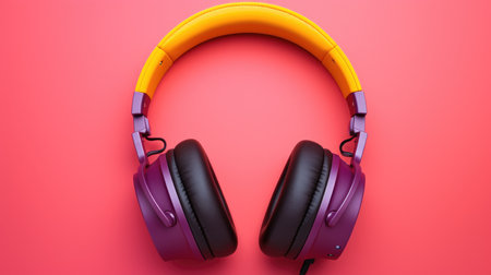 Stylish purple headphones against a vivid pink backdrop, symbolizing leisure and musicの素材