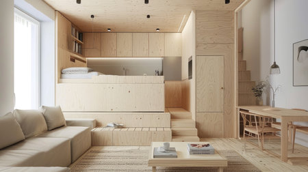Modern apartment showcasing Scandinavian design with wooden features and minimalist furnitureの素材