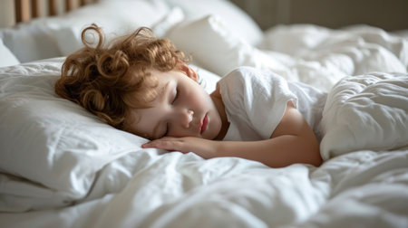 A young child with curly hair sleeps soundly in a white bed, wrapped in soft beddingの素材