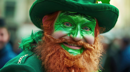 Man with a painted face in festive attire enjoying St. Patrick's Dayの素材