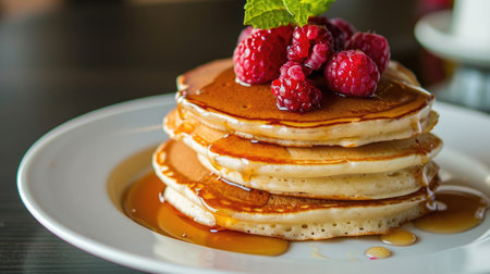 Close-up of delicious pancakes topped with raspberries and drizzled with syrupの素材