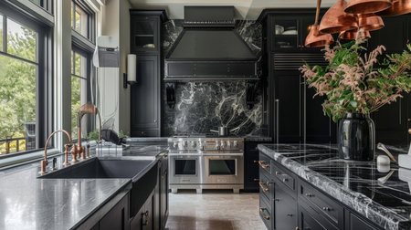 A luxurious modern kitchen featuring black marble countertops and copper fixturesの素材