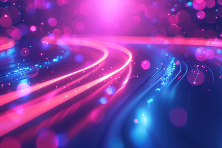 A dynamic abstract of blue and pink fiber optic lights streaming in a dark spaceの素材