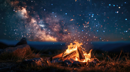 A warm campfire burning under the majestic night sky studded with starsの素材
