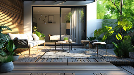 Contemporary outdoor lounge space with plush seating and vibrant plants on a wooden deckの素材