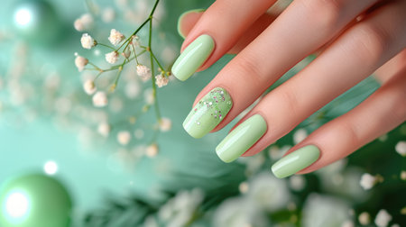 Close-up of hand with mint green nail polish and decorative gemstones, set against a soft floral backgroundの素材
