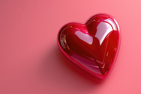 A shiny red heart-shaped object centered on a vibrant pink backdropの素材