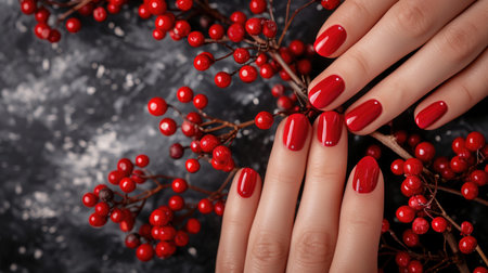 Luxurious red manicured nails contrast with vibrant holly berriesの素材
