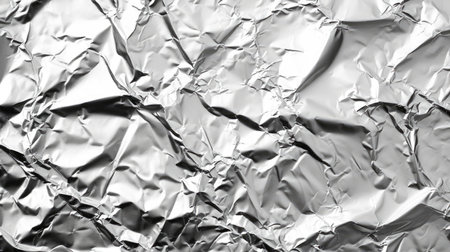 Highly detailed crumpled silver foil texture with sharp contrasts and reflectionsの素材
