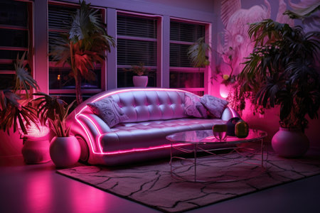 Futuristic retro living room with neon lights and chic decorの素材