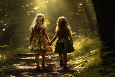 Back view of two young girls walking hand in hand in a sunlit forestの素材