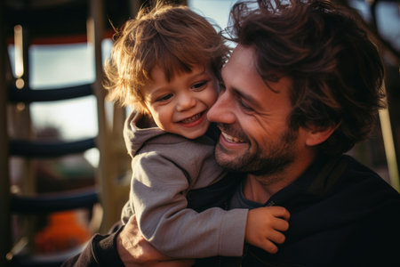 Cheerful young dad hugs his toddler son in a sunlit parkの素材
