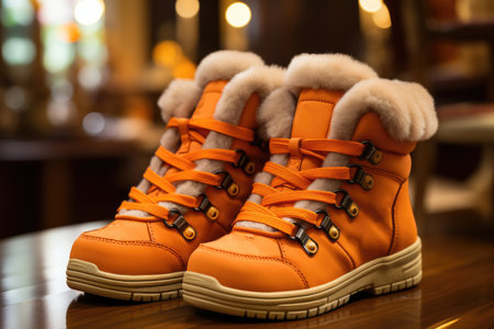 Orange winter boots with fur trim displayed indoorsの素材