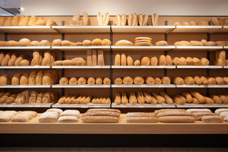 Various types of fresh bread displayed on wooden shelves in a bakery storeの素材