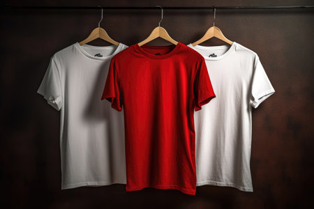 Three t-shirts on wooden hangers against a dark background, center one redの素材