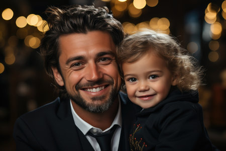 Portrait of a smiling father and his toddler with twinkling lights in the backgroundの素材