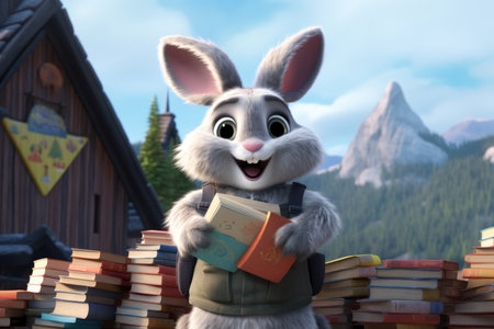 Cheerful animated rabbit character holding books in a mountain settingの素材